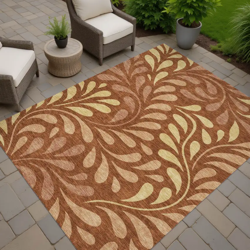 Rust Copper And Gold Botanical Leaves Washable Indoor Outdoor Area Rug Photo 5