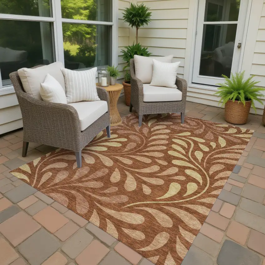 Rust Copper And Gold Botanical Leaves Washable Indoor Outdoor Area Rug Photo 2