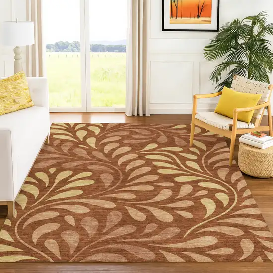 Rust Copper And Gold Botanical Leaves Washable Indoor Outdoor Area Rug Photo 3