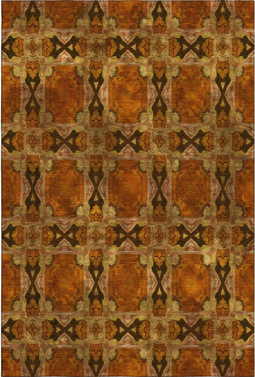 Rust Copper And Gold Floral Medallion Washable Area Rug With UV Protection Photo 1