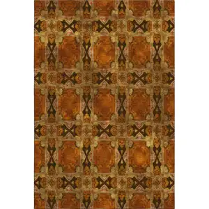 Photo of Rust Copper And Gold Floral Medallion Washable Area Rug With UV Protection