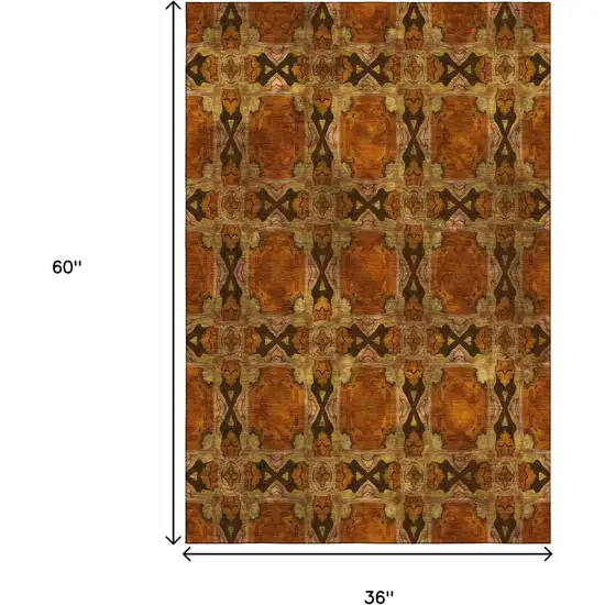 Rust Copper And Gold Floral Medallion Washable Area Rug With UV Protection Photo 3