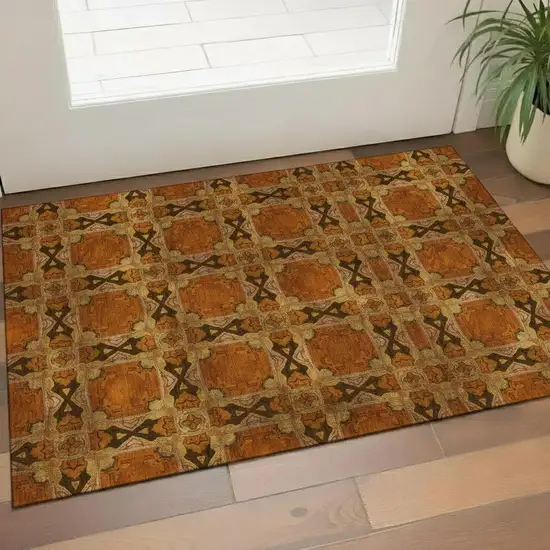 Rust Copper And Gold Floral Medallion Washable Area Rug With UV Protection Photo 1