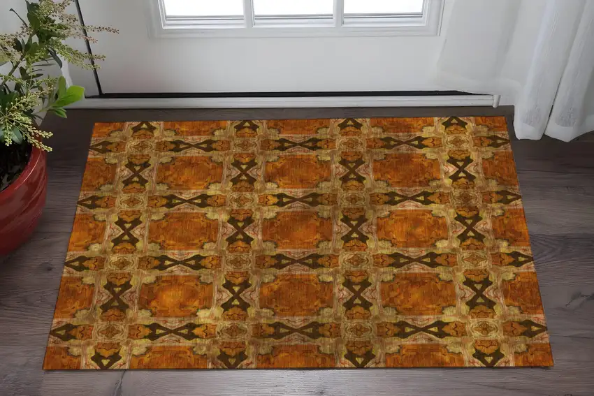 Rust Copper And Gold Floral Medallion Washable Area Rug With UV Protection Photo 2