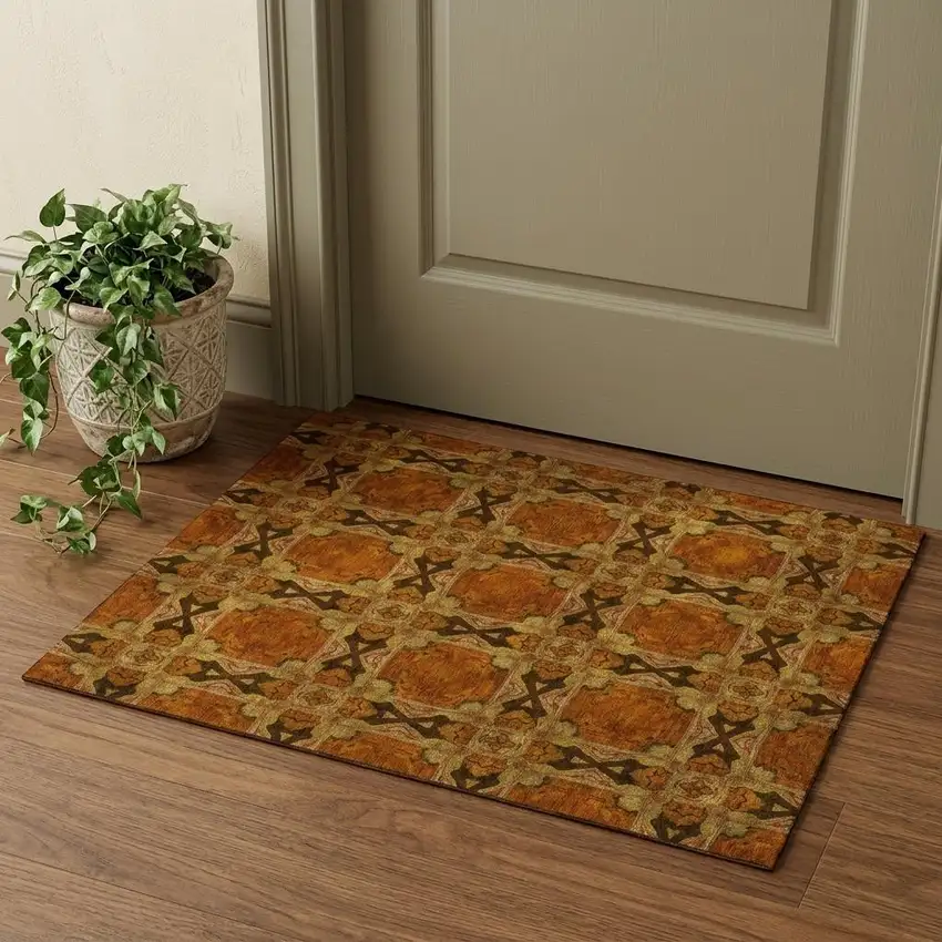 Rust Copper And Gold Floral Medallion Washable Area Rug With UV Protection Photo 1