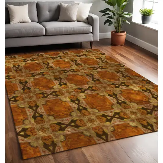 Rust Copper And Gold Floral Medallion Washable Area Rug With UV Protection Photo 2