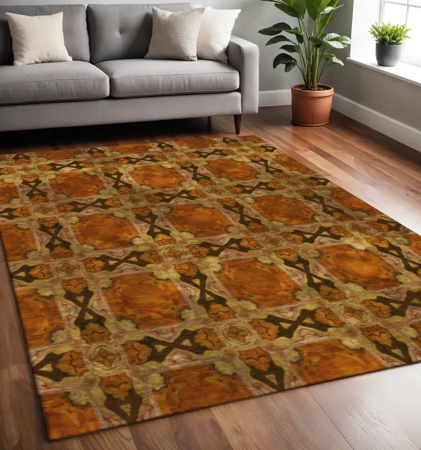 Rust Copper And Gold Floral Medallion Washable Area Rug With UV Protection Photo 2