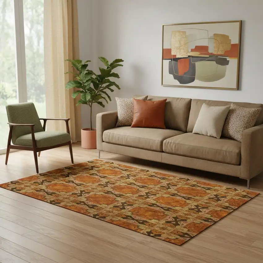 Rust Copper And Gold Floral Medallion Washable Area Rug With UV Protection Photo 1