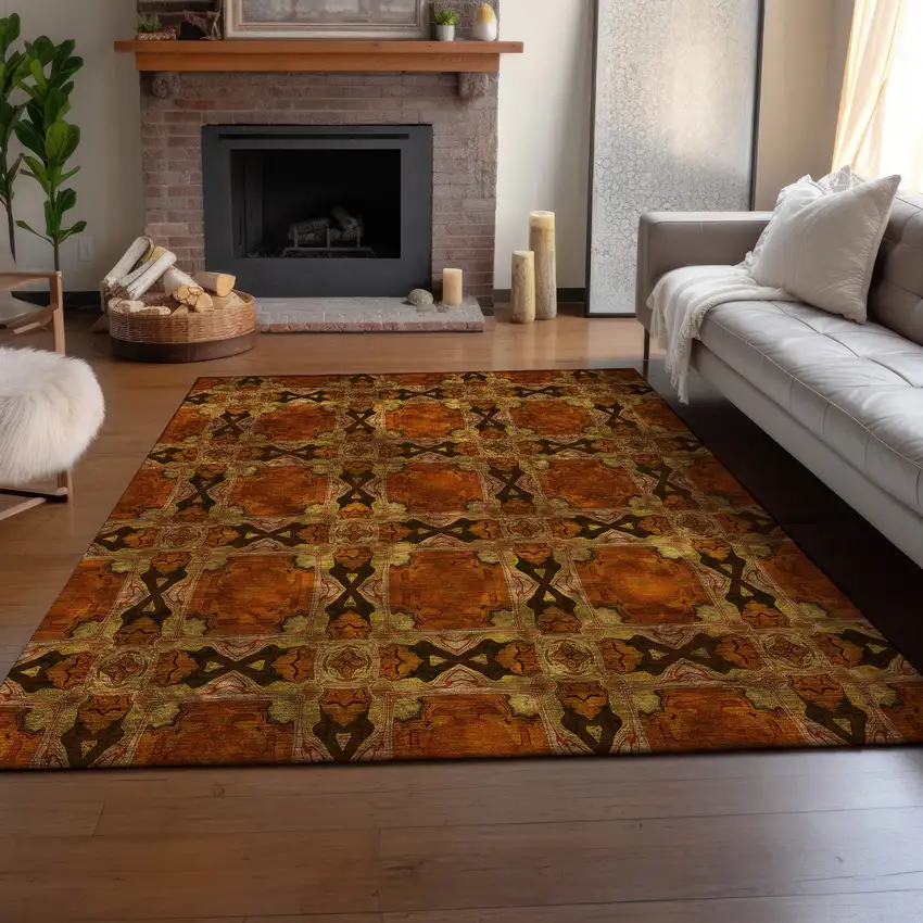Rust Copper And Gold Floral Medallion Washable Area Rug With UV Protection Photo 6