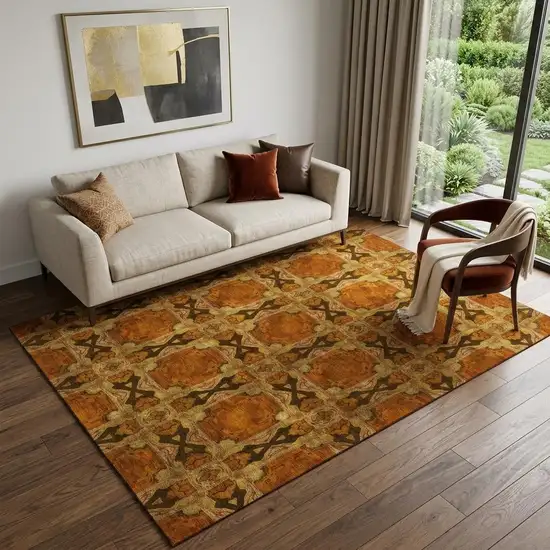 Rust Copper And Gold Floral Medallion Washable Area Rug With UV Protection Photo 1
