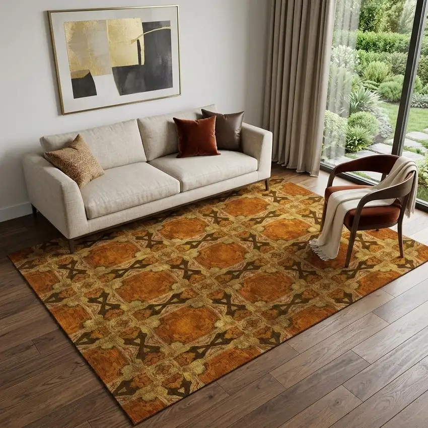 Rust Copper And Gold Floral Medallion Washable Area Rug With UV Protection Photo 1