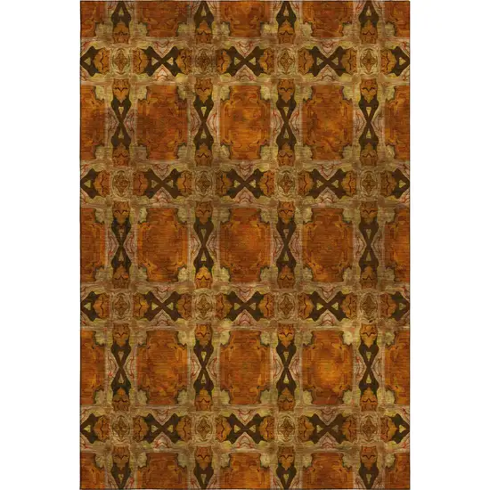 Rust Copper And Gold Floral Medallion Washable Area Rug With UV Protection Photo 1
