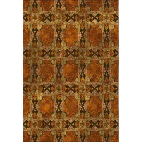 Rust Copper And Gold Floral Medallion Washable Area Rug With UV Protection Photo 4