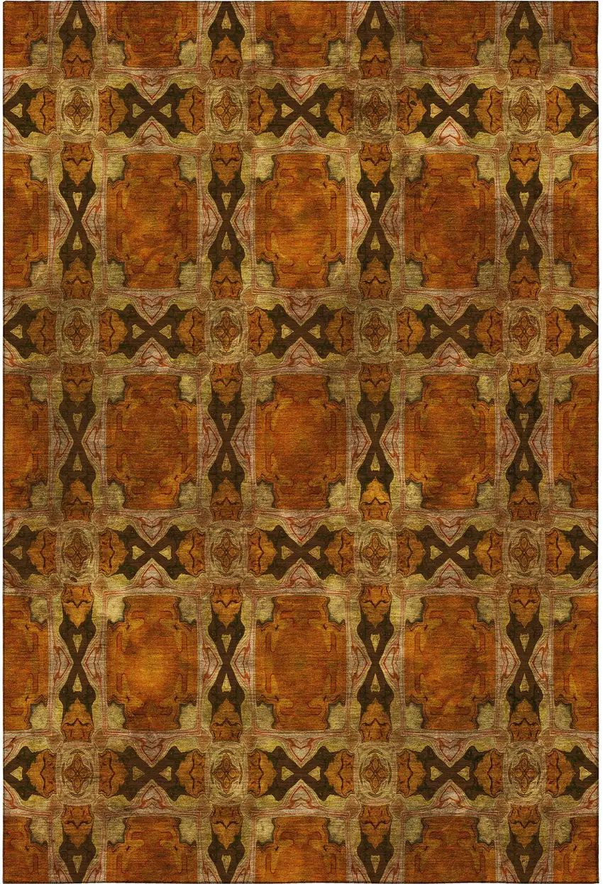 Rust Copper And Gold Floral Medallion Washable Area Rug With UV Protection Photo 4