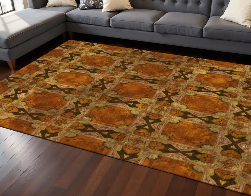Rust Copper And Gold Floral Medallion Washable Area Rug With UV Protection Photo 2