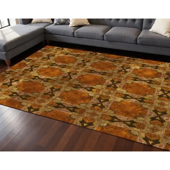 Rust Copper And Gold Floral Medallion Washable Area Rug With UV Protection Photo 2