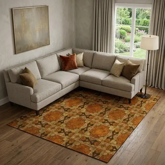 Rust Copper And Gold Floral Medallion Washable Area Rug With UV Protection Photo 1