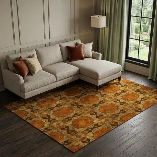 Rust Copper And Gold Floral Medallion Washable Area Rug With UV Protection Photo 1