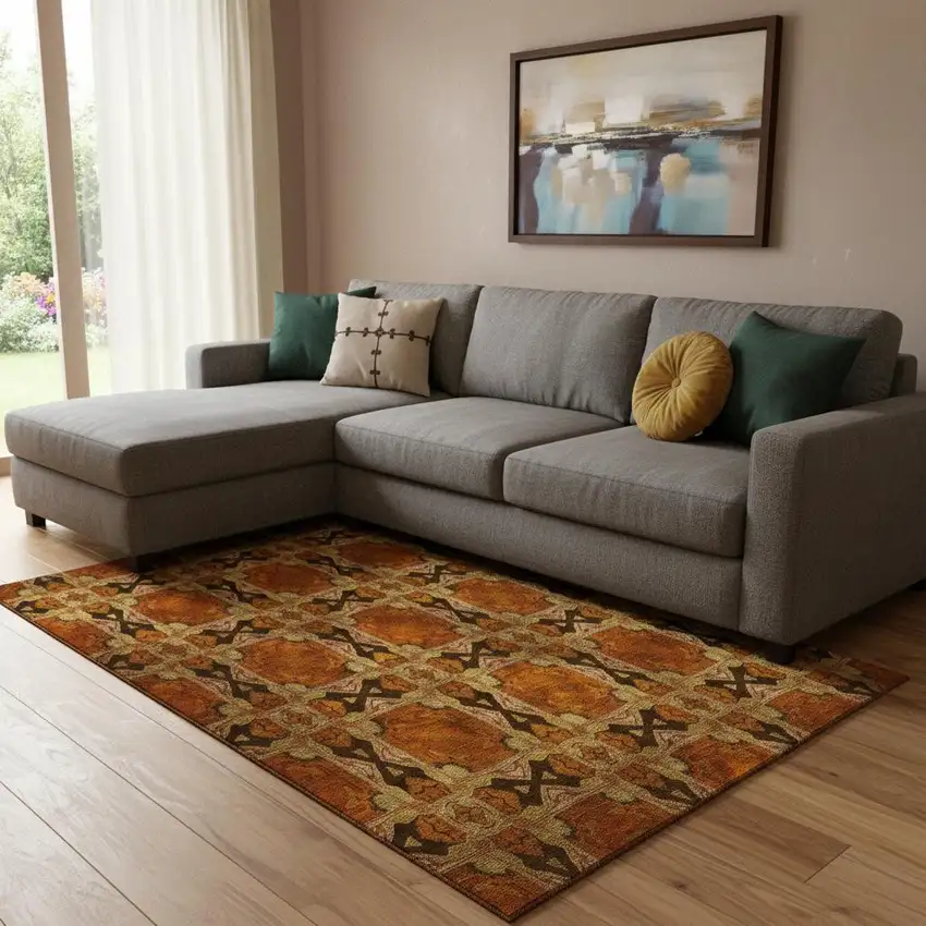 Rust Copper And Gold Floral Medallion Washable Area Rug With UV Protection Photo 1