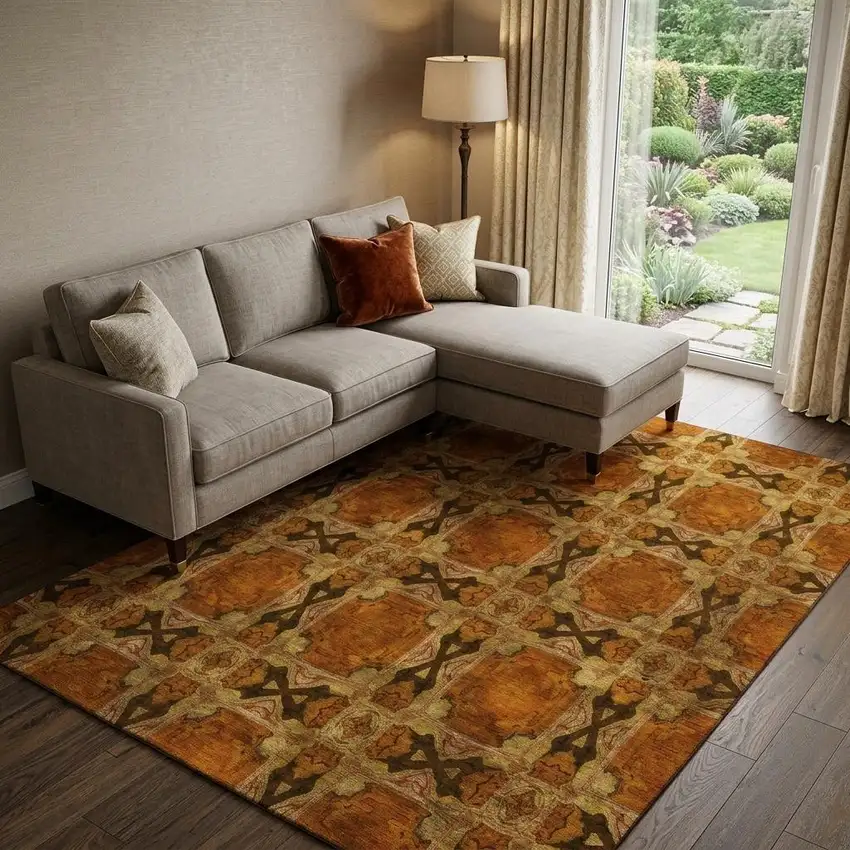 Rust Copper And Gold Floral Medallion Washable Area Rug With UV Protection Photo 1