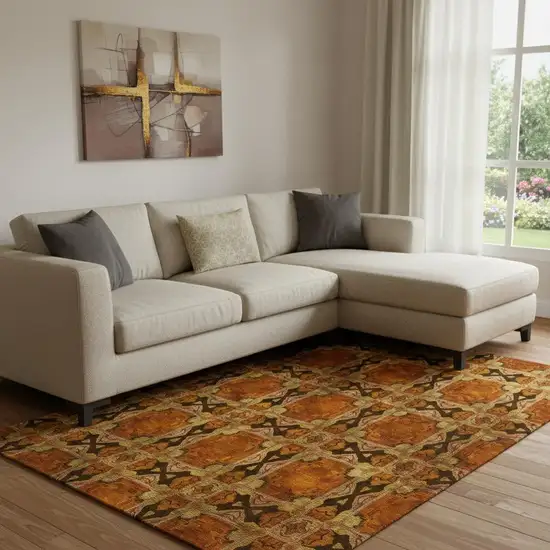 Rust Copper And Gold Floral Medallion Washable Area Rug With UV Protection Photo 1