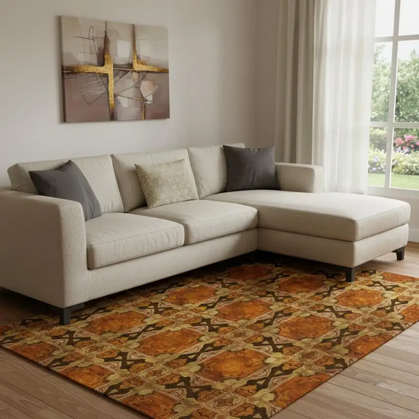 Rust Copper And Gold Floral Medallion Washable Area Rug With UV Protection Photo 1