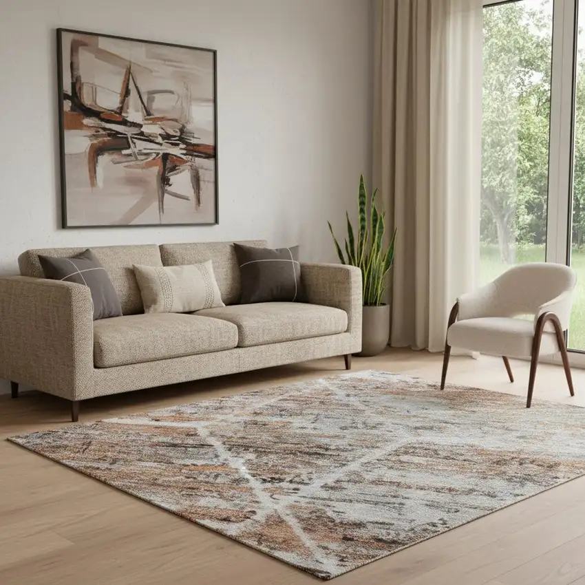 Rust Copper And Ivory Geometric Washable Area Rug With UV Protection Photo 2