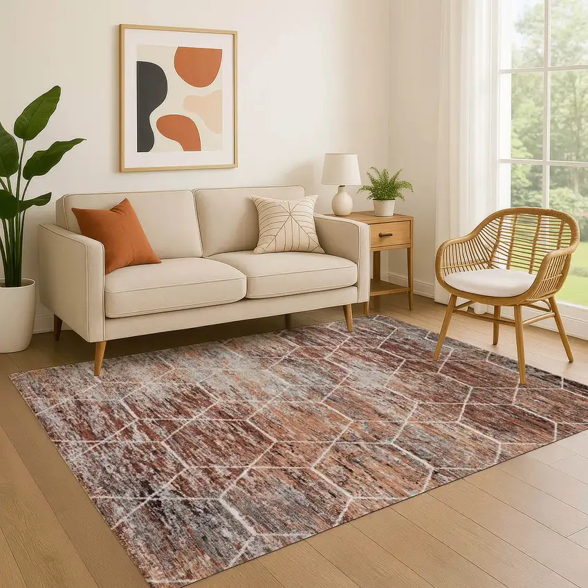 Rust Copper And Ivory Geometric Washable Area Rug With UV Protection Photo 3