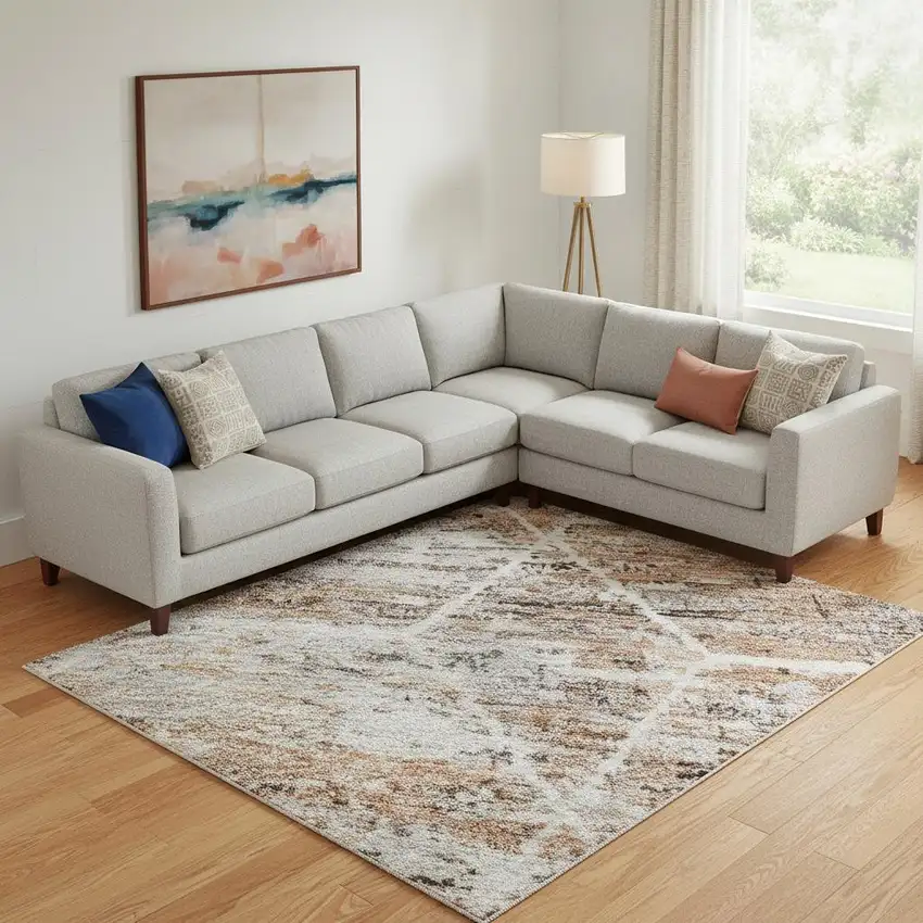 Rust Copper And Ivory Geometric Washable Area Rug With UV Protection Photo 2