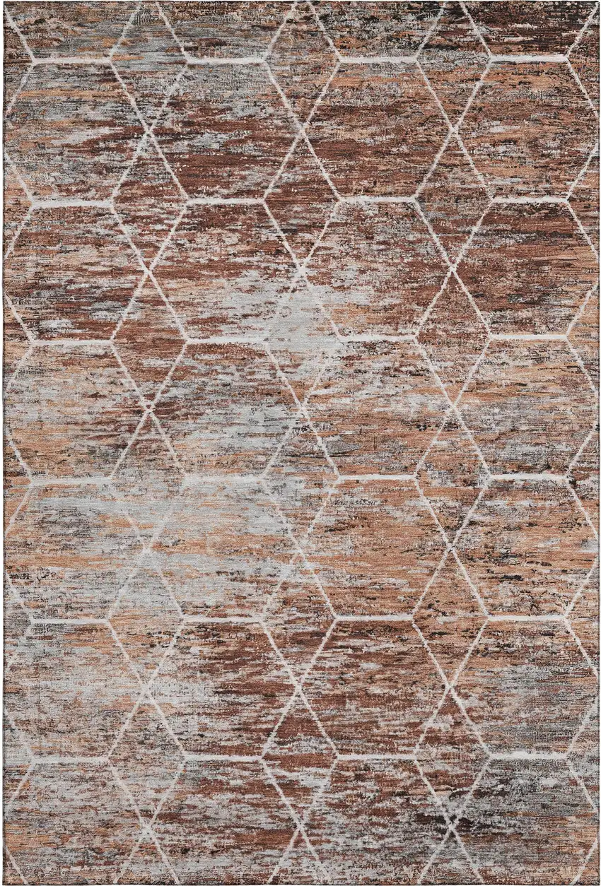 Rust Copper And Ivory Geometric Washable Area Rug With UV Protection Photo 4
