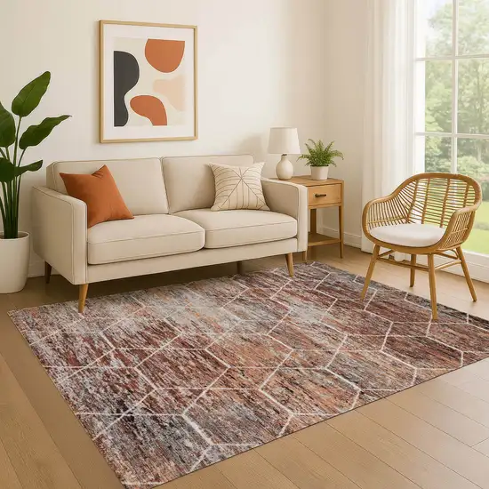Rust Copper And Ivory Geometric Washable Area Rug With UV Protection Photo 2