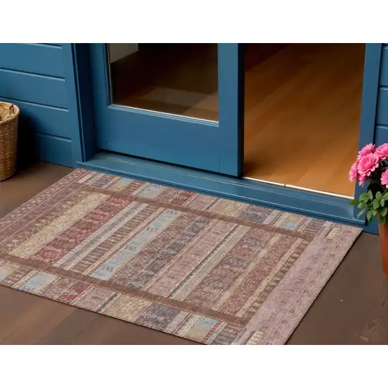 Rust Coral And Beige Striped Washable Indoor Outdoor Area Rug Photo 2