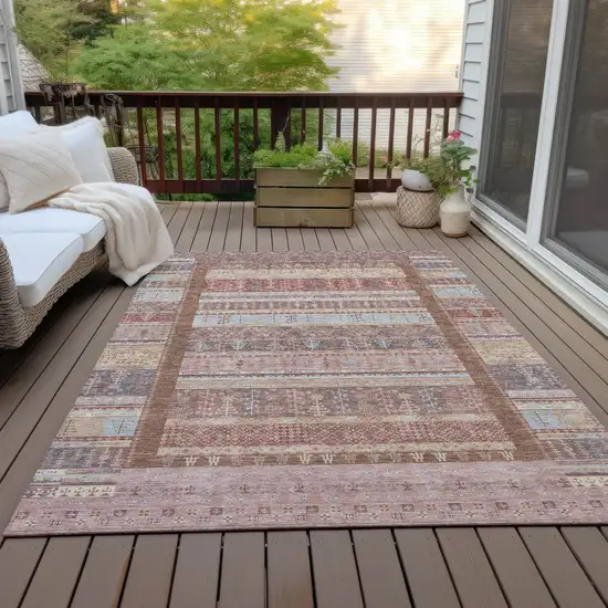 Rust Coral And Beige Striped Washable Indoor Outdoor Area Rug Photo 8