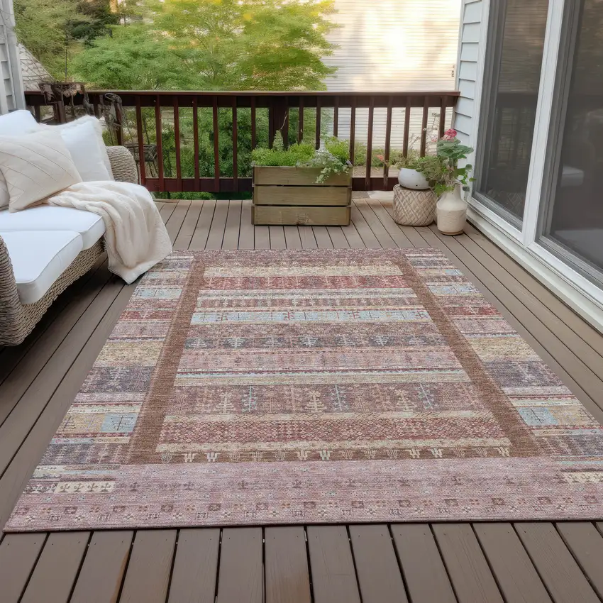 Rust Coral And Beige Striped Washable Indoor Outdoor Area Rug Photo 8