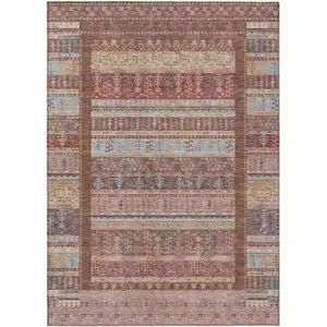 Photo of Rust Coral And Beige Striped Washable Indoor Outdoor Area Rug