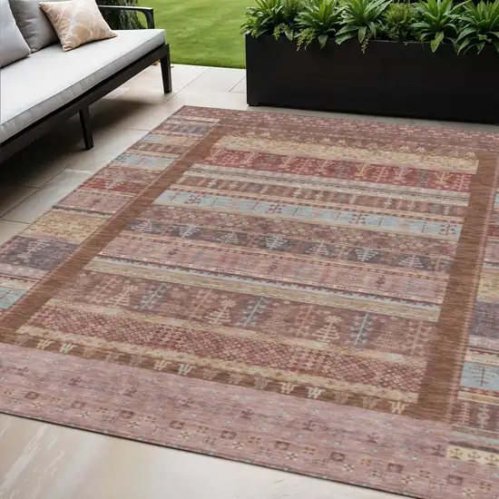 Rust Coral And Beige Striped Washable Indoor Outdoor Area Rug Photo 2
