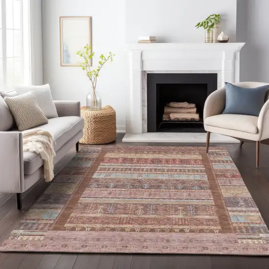 Rust Coral And Beige Striped Washable Indoor Outdoor Area Rug Photo 9