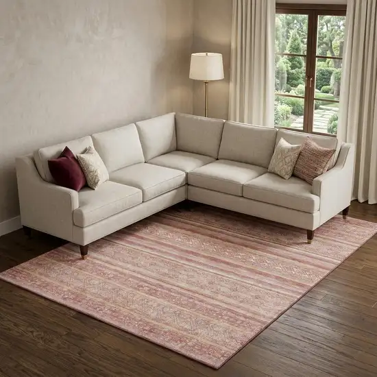 Rust Coral And Wheat Striped Washable Area Rug With UV Protection Photo 1