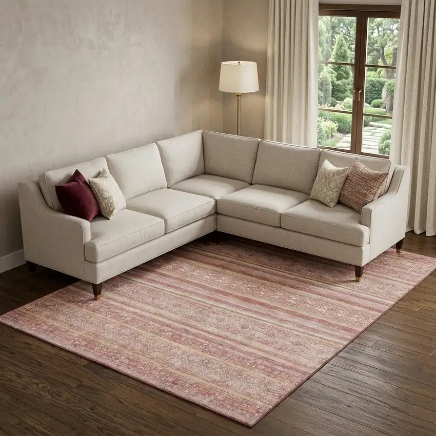 Rust Coral And Wheat Striped Washable Area Rug With UV Protection Photo 1