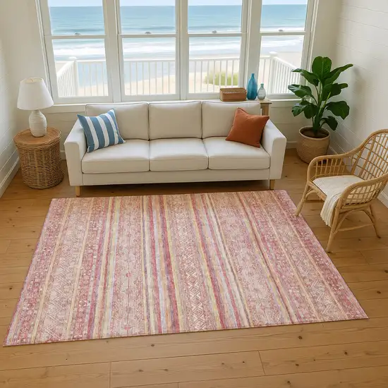 Rust Coral And Wheat Striped Washable Area Rug With UV Protection Photo 1