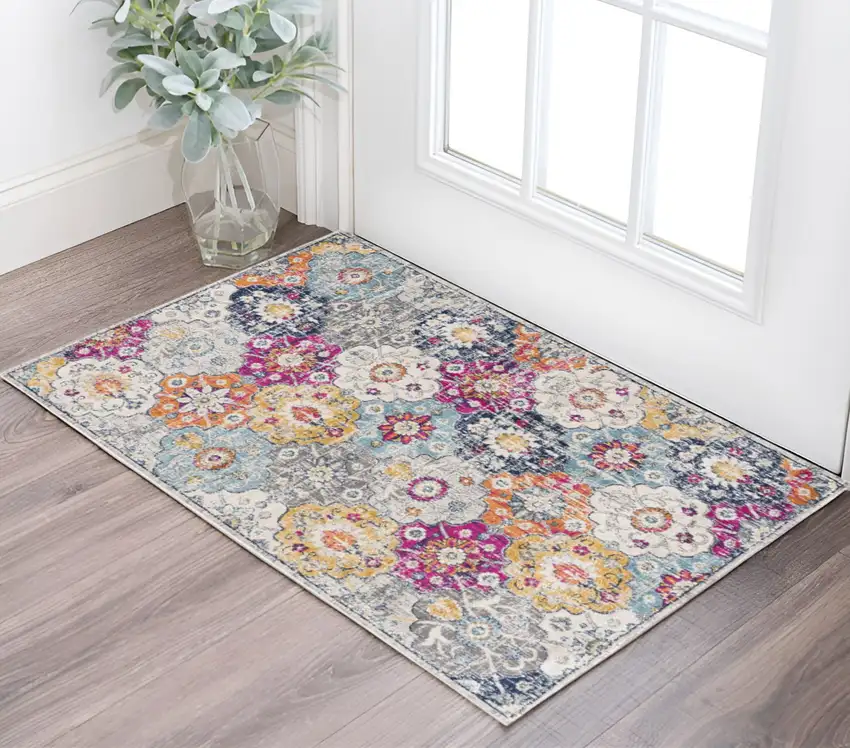 Blue and Ivory Floral Area Rug Photo 1