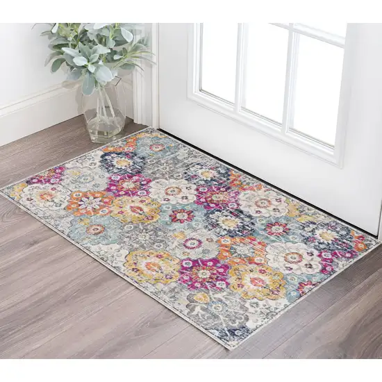 6' Blue And Ivory Floral Runner Rug Photo 1