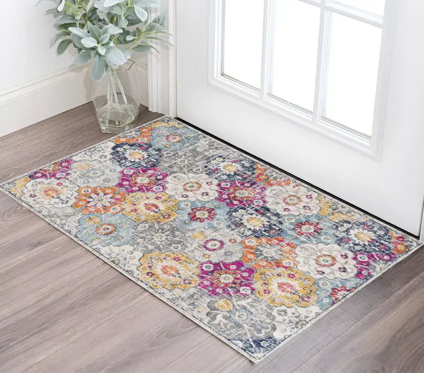 6' Blue And Ivory Floral Runner Rug Photo 1