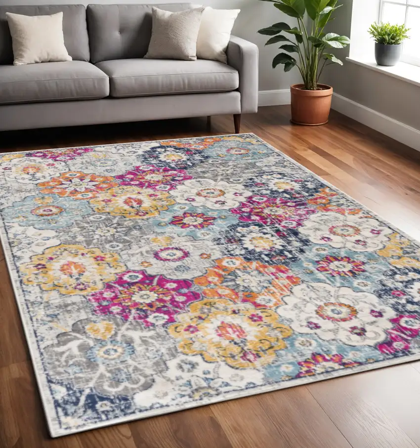 Blue and Ivory Floral Area Rug Photo 1