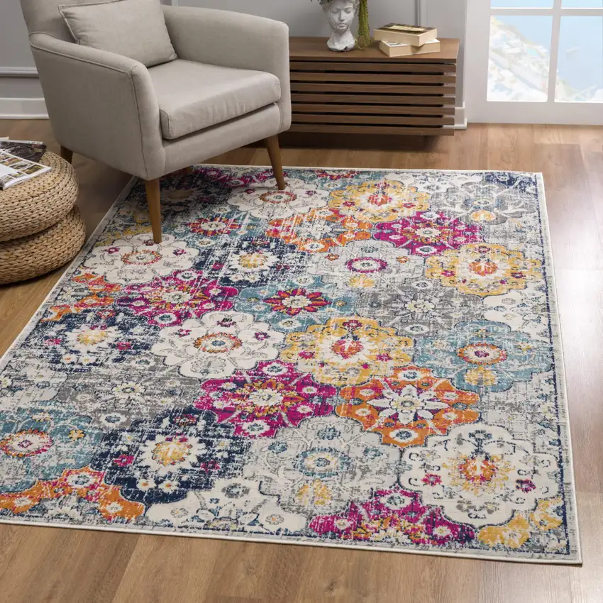 Blue and Ivory Floral Area Rug Photo 6