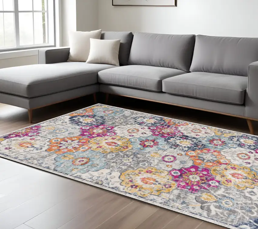 Blue and Ivory Floral Area Rug Photo 1
