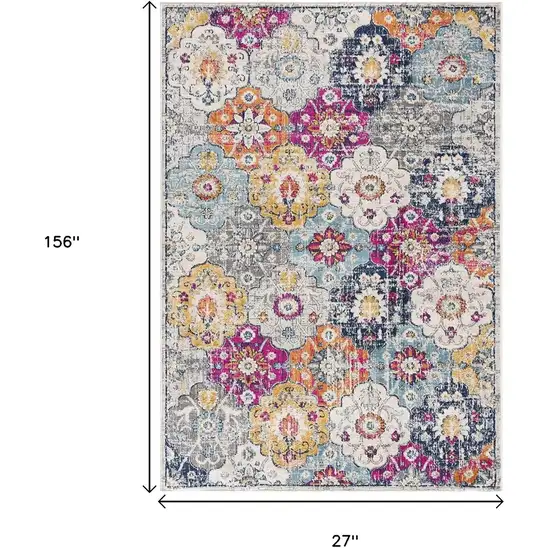 13' Blue And Ivory Floral Runner Rug Photo 3