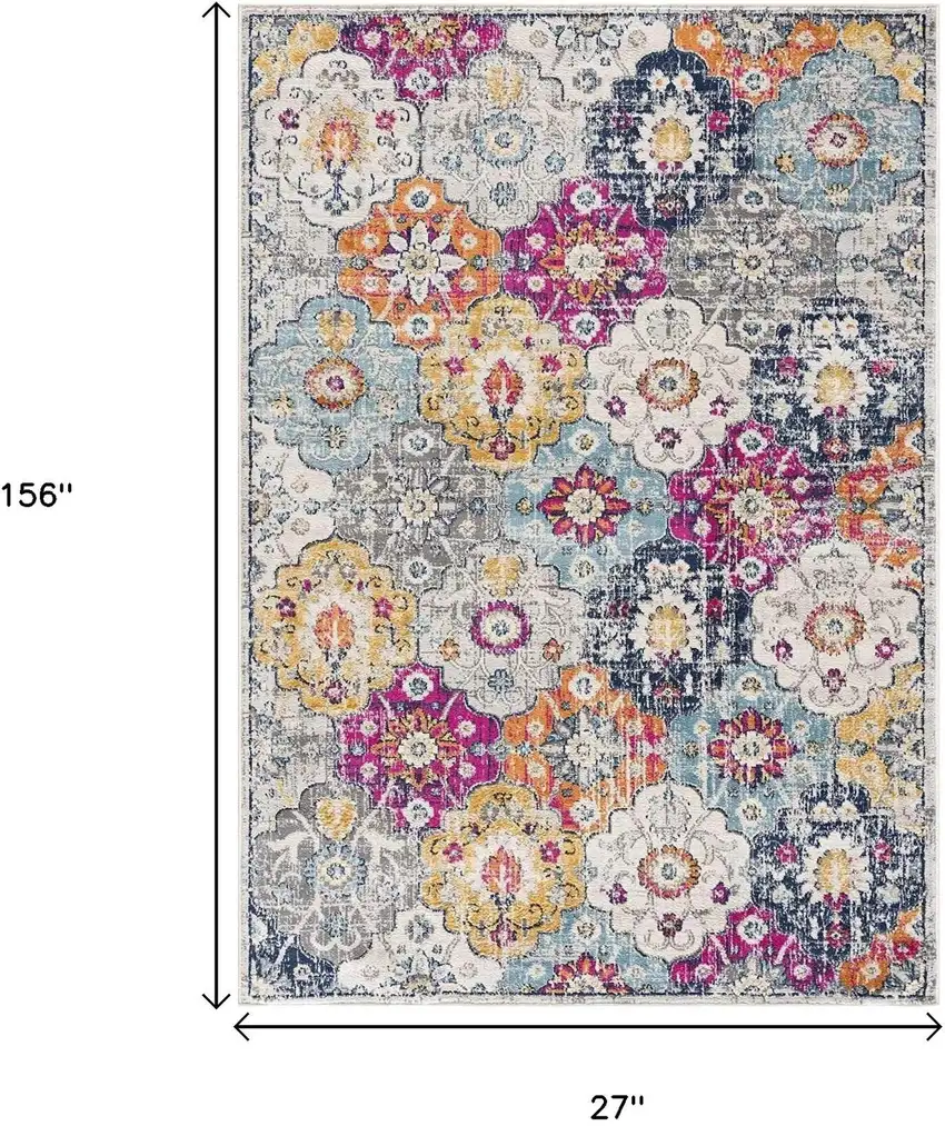 13' Blue And Ivory Floral Runner Rug Photo 3