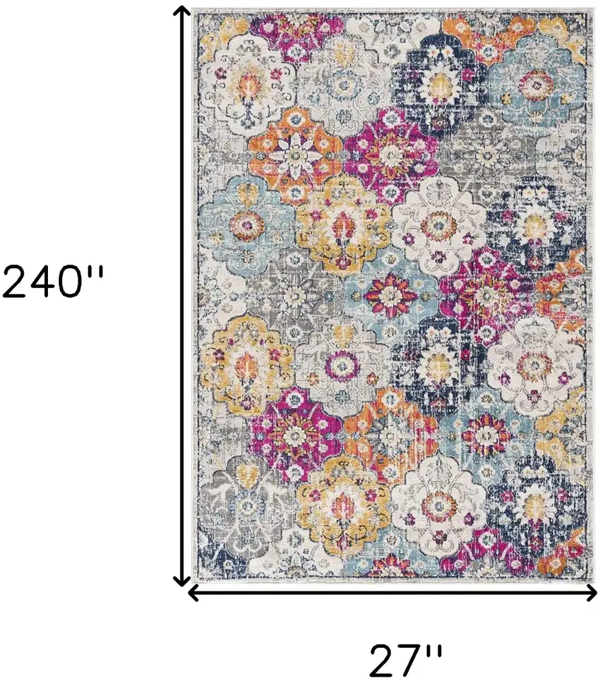 Blue and Ivory Floral Runner Rug Photo 3