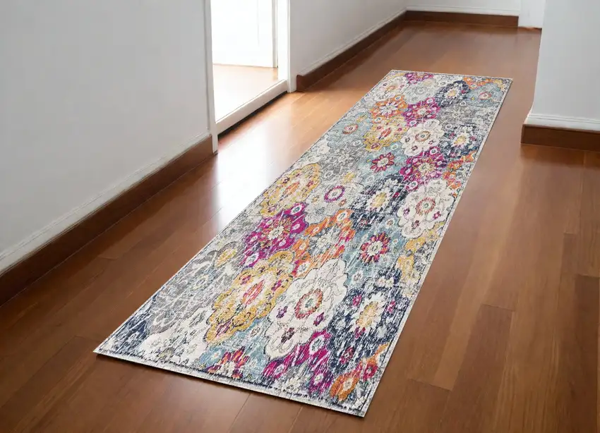8' Rust Floral Dhurrie Runner Rug Photo 1